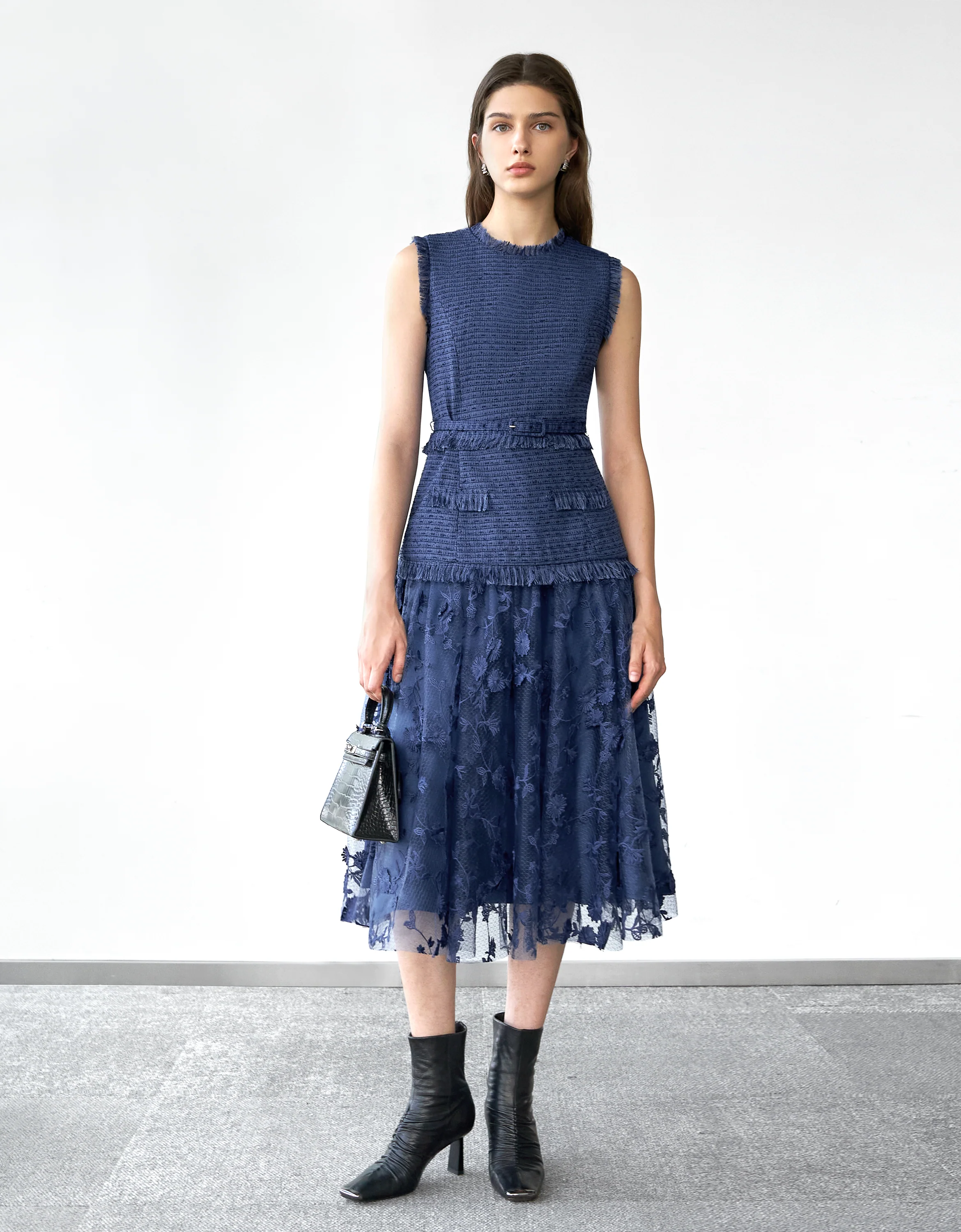 Tweed Bodice Semi Sheer Pleated Bottom Dress - Image 37