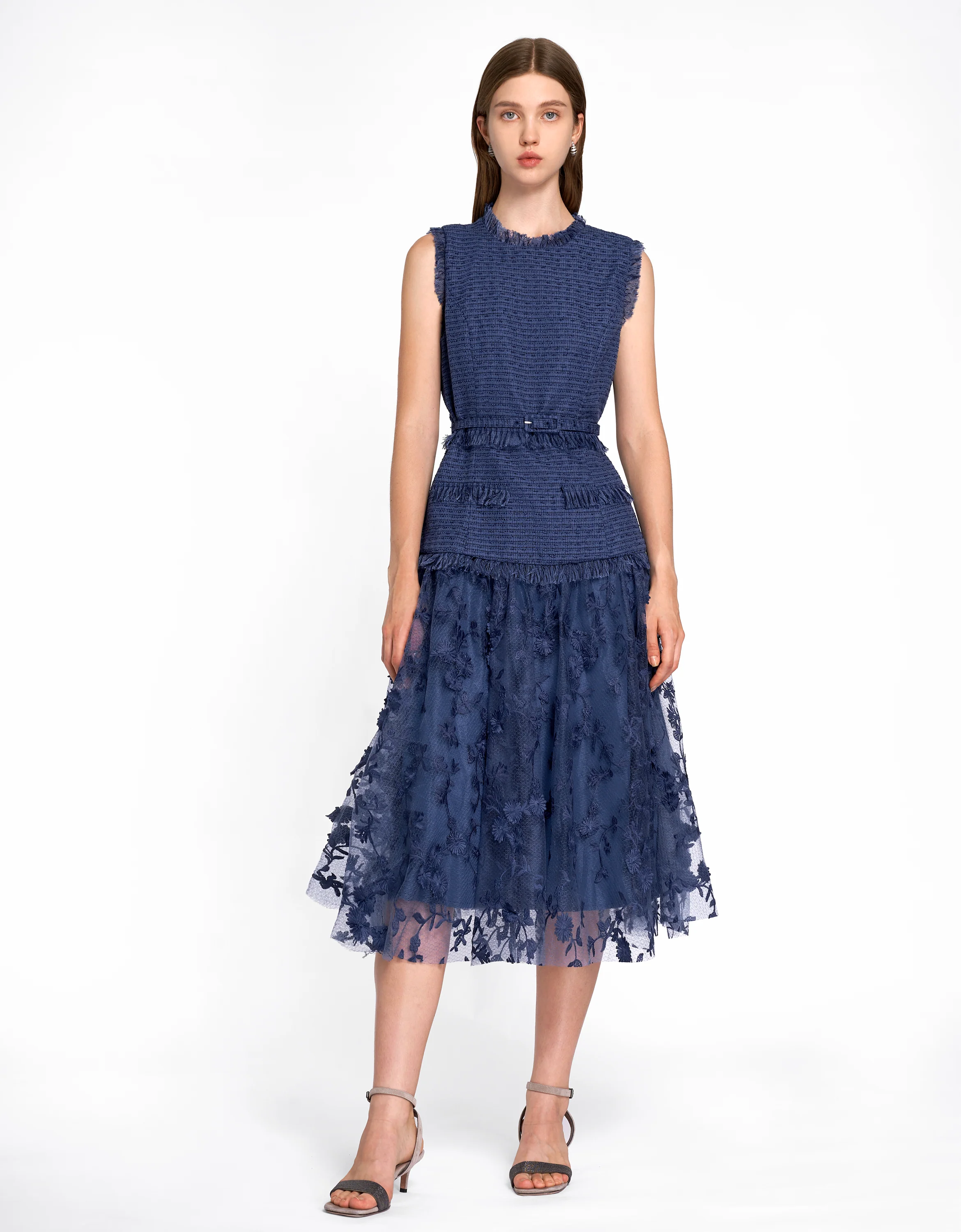 Tweed Bodice Semi Sheer Pleated Bottom Dress - Image 38