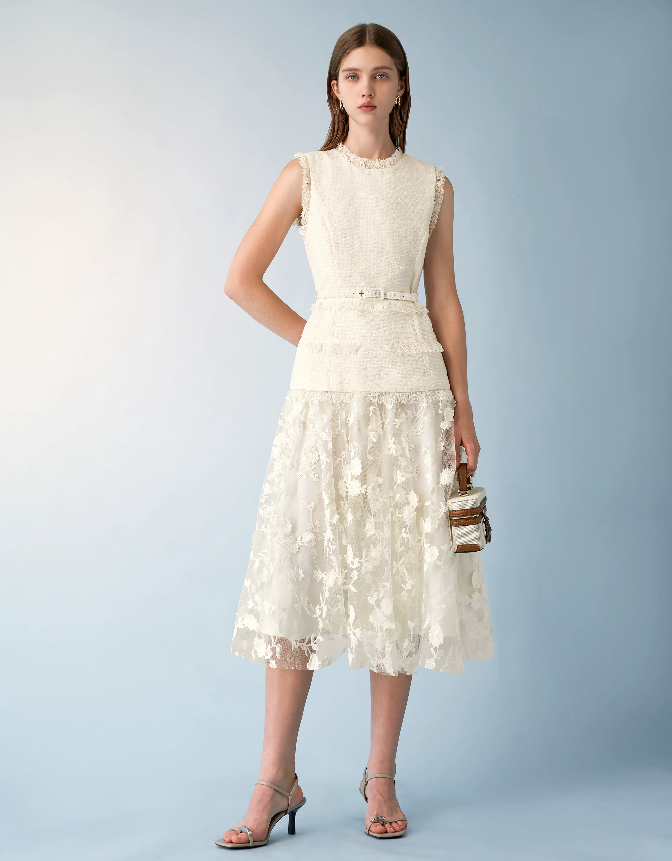Tweed Bodice Semi Sheer Pleated Bottom Dress - Image 4