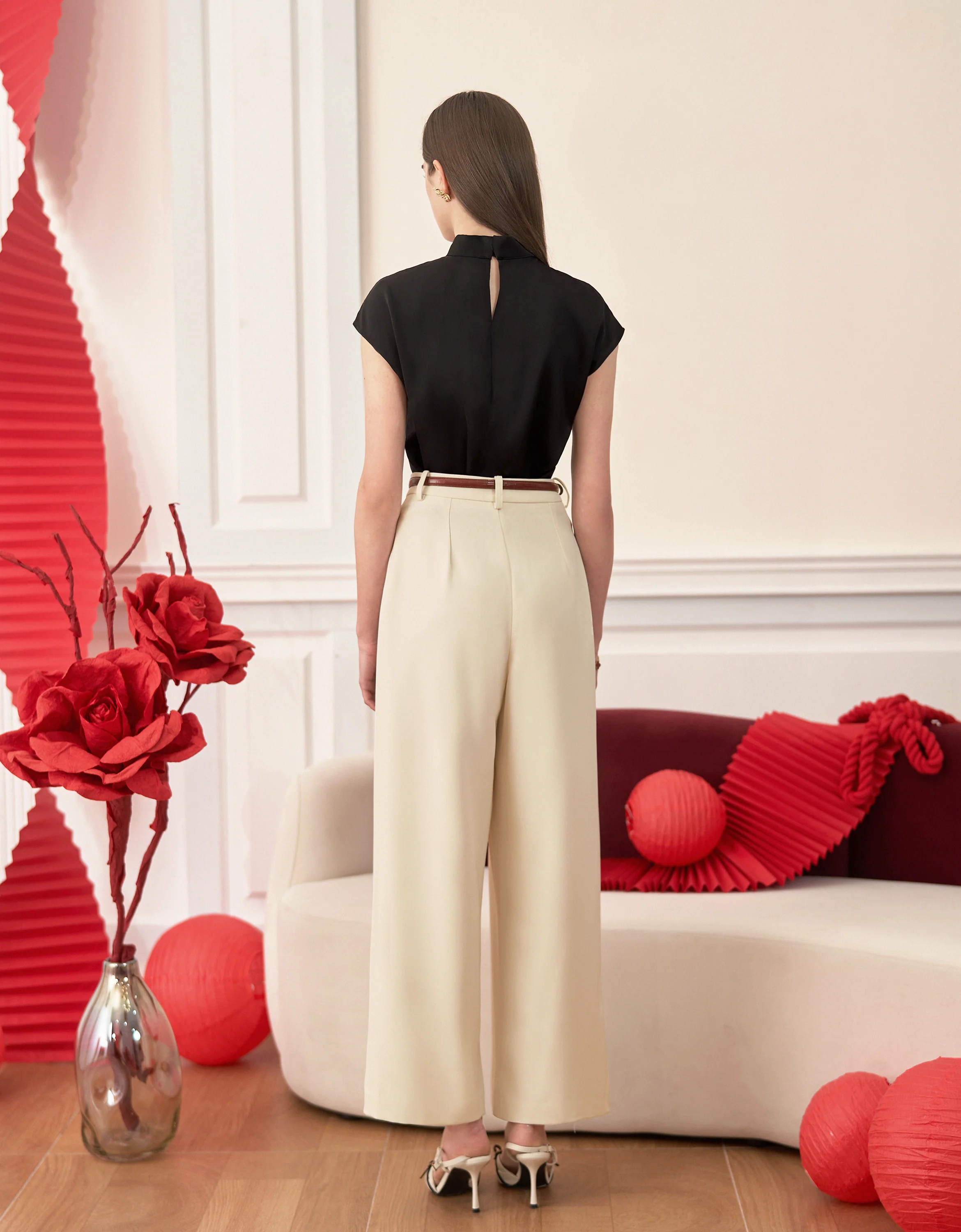Twisted Neckline Stand Collar Top - Image 3