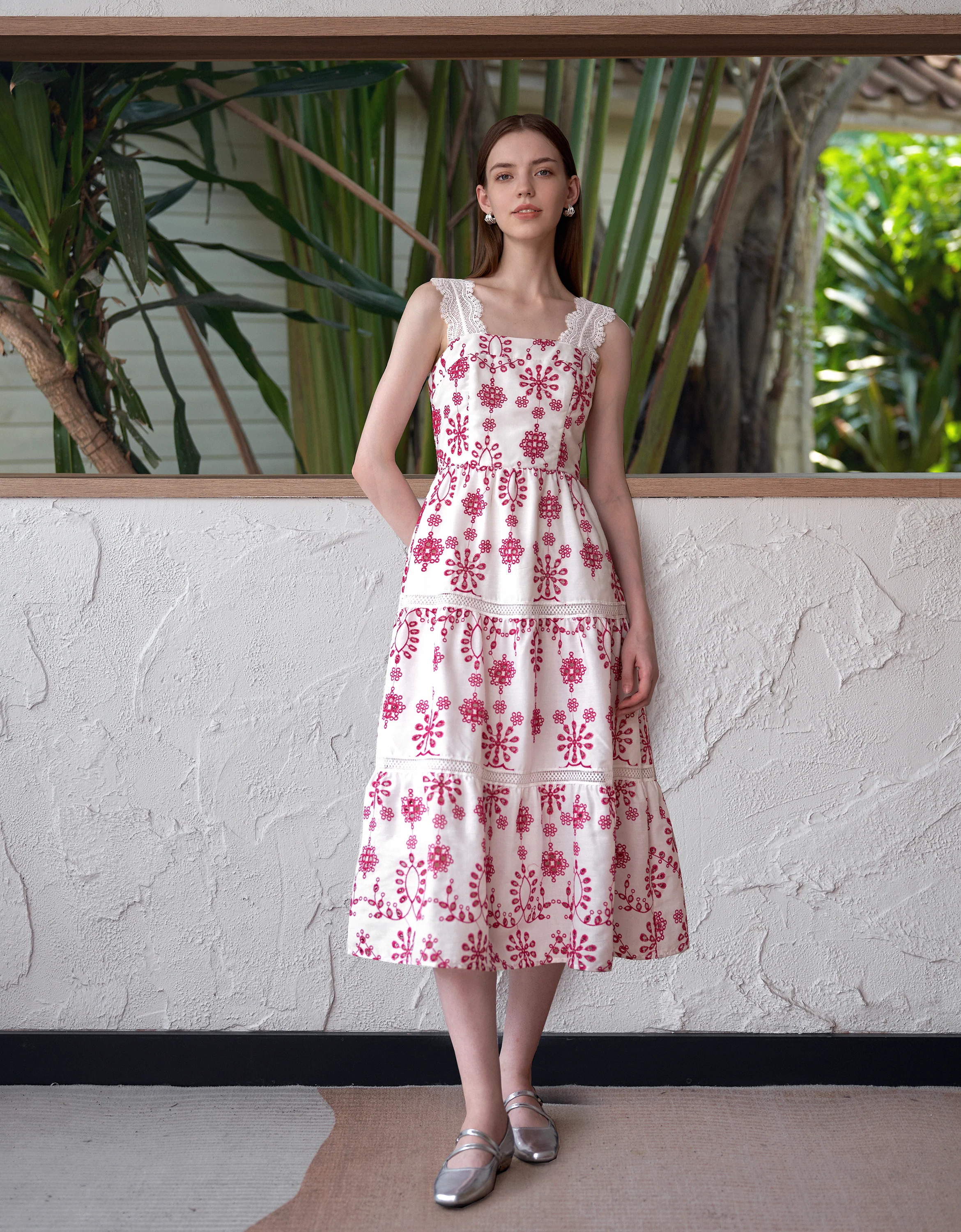 Two-tone Embroidered Midi Strap Dress - Image 6