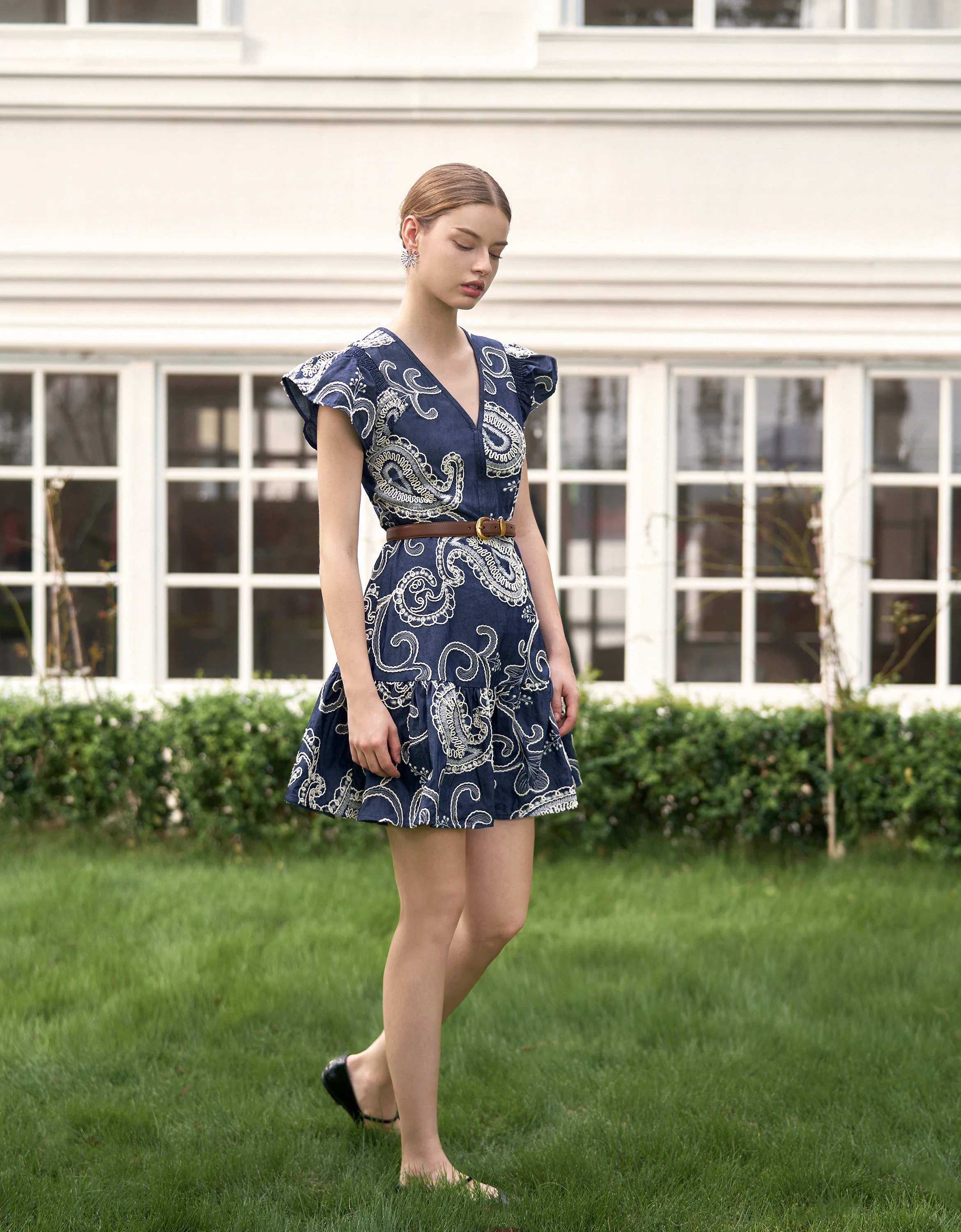 V-neck Embroidered Denim Dress - Image 4
