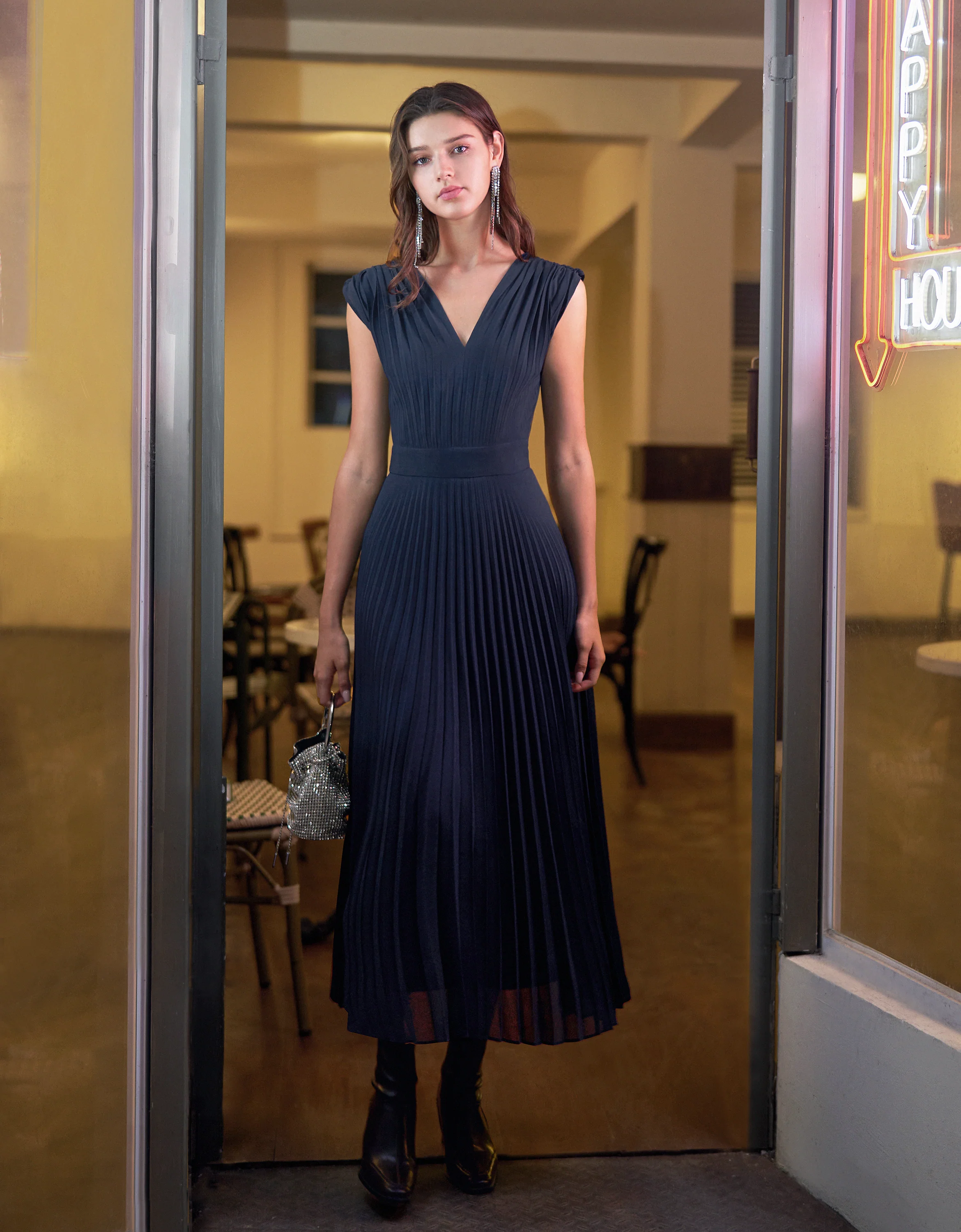 V-neck Pleated Chiffon Dress - Image 11