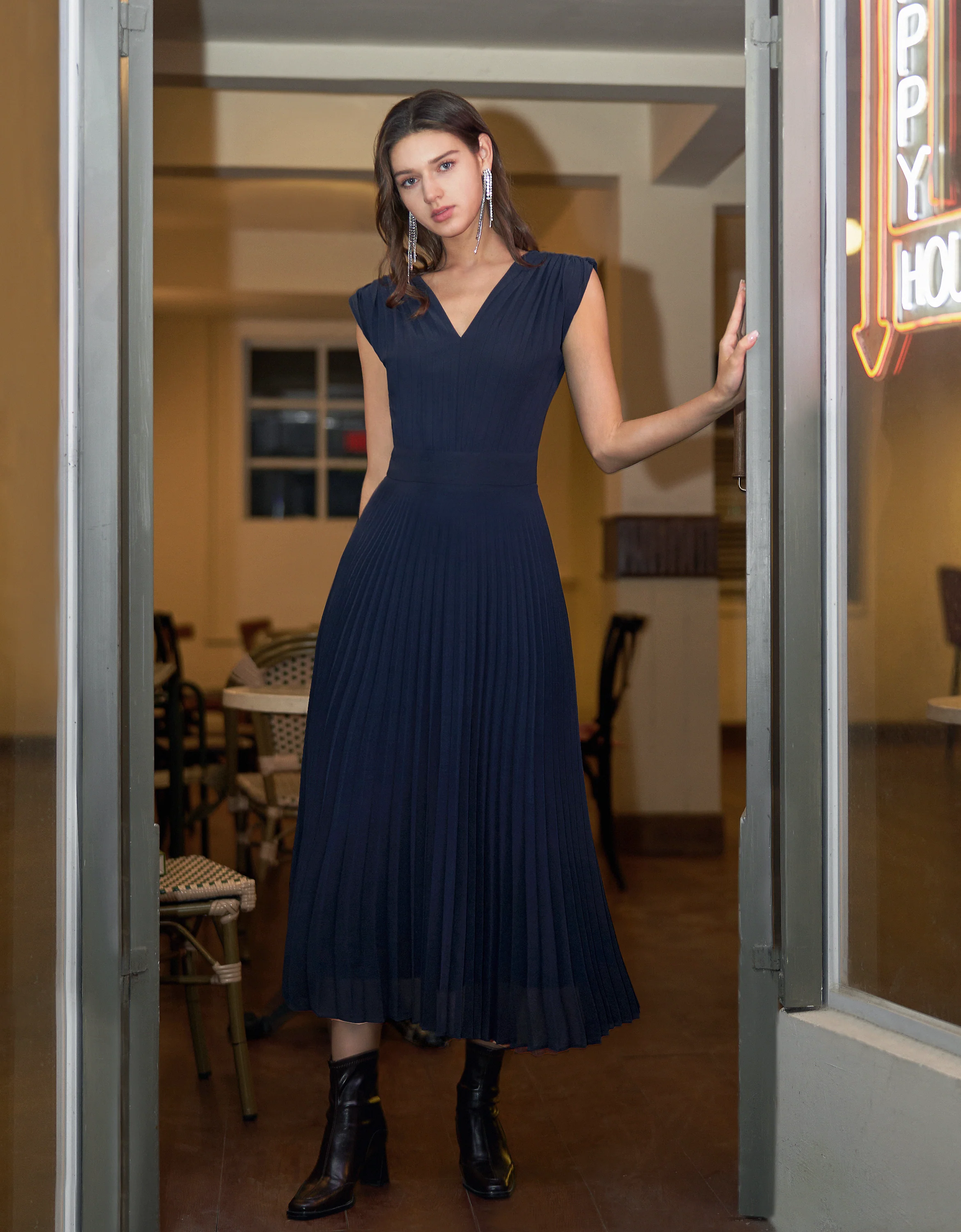 V-neck Pleated Chiffon Dress - Image 12