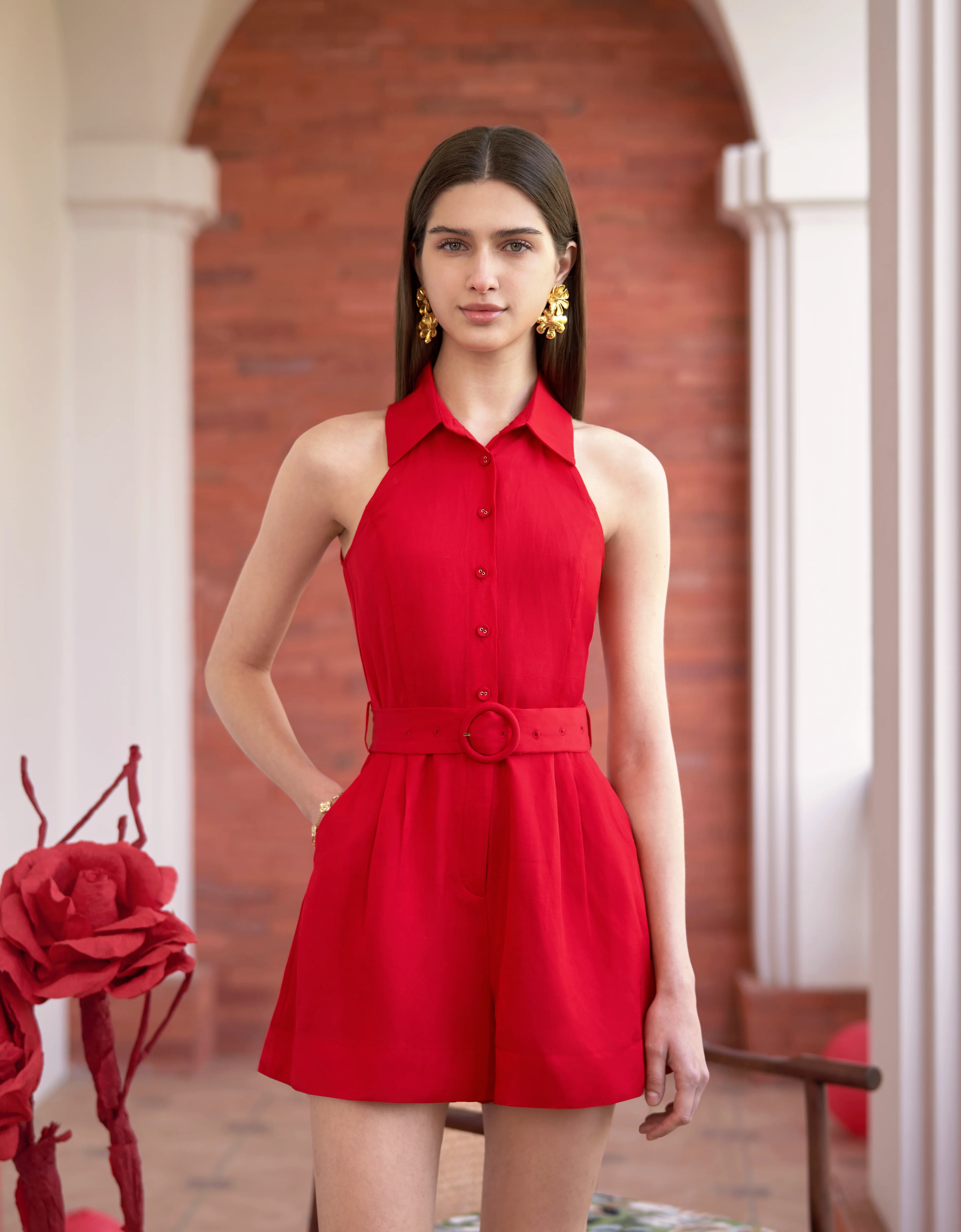 Viscose-linen Sleeveless Collared Romper - Image 4