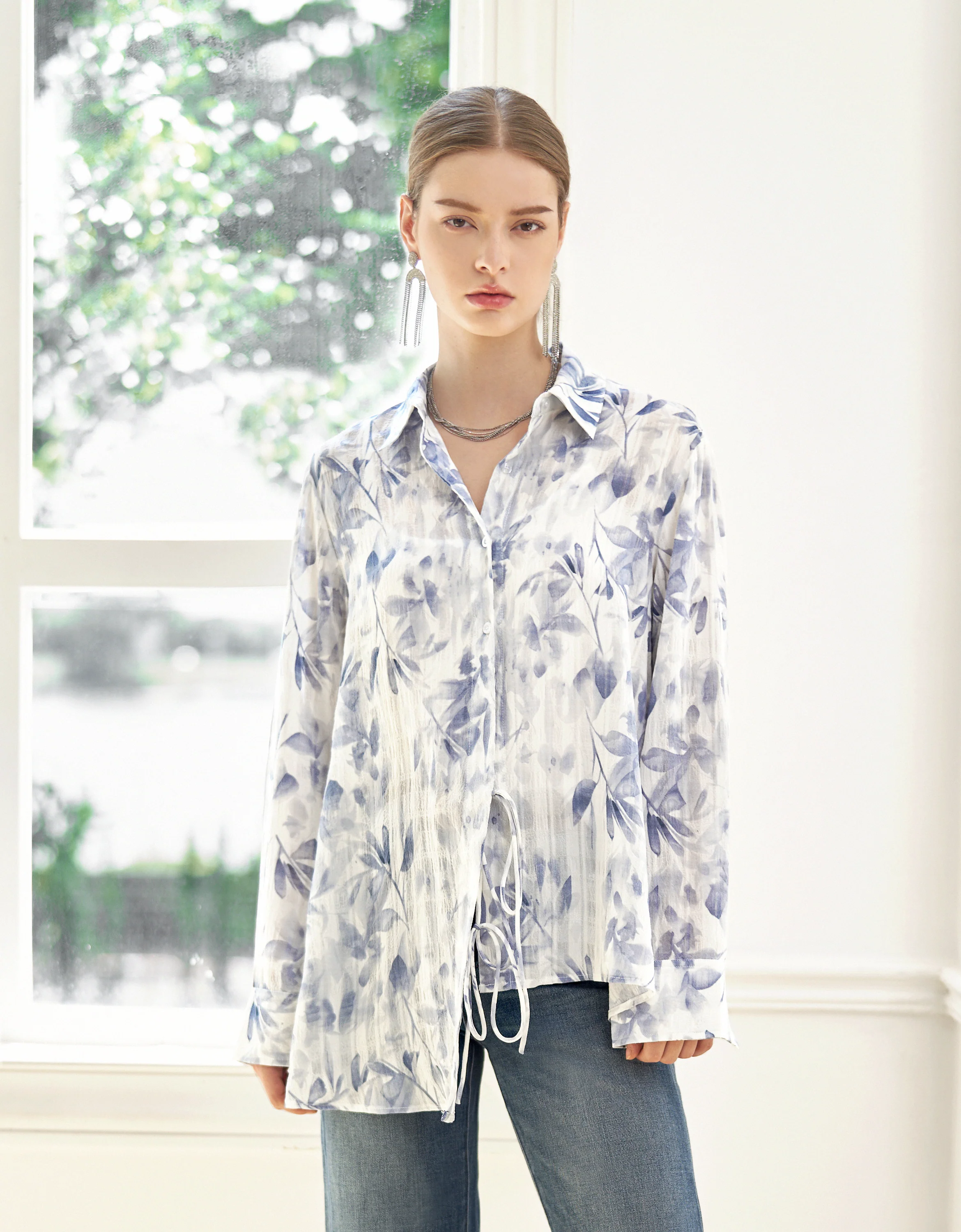 Waist Tie Floral Print Long Sleeve Shirt - Image 2