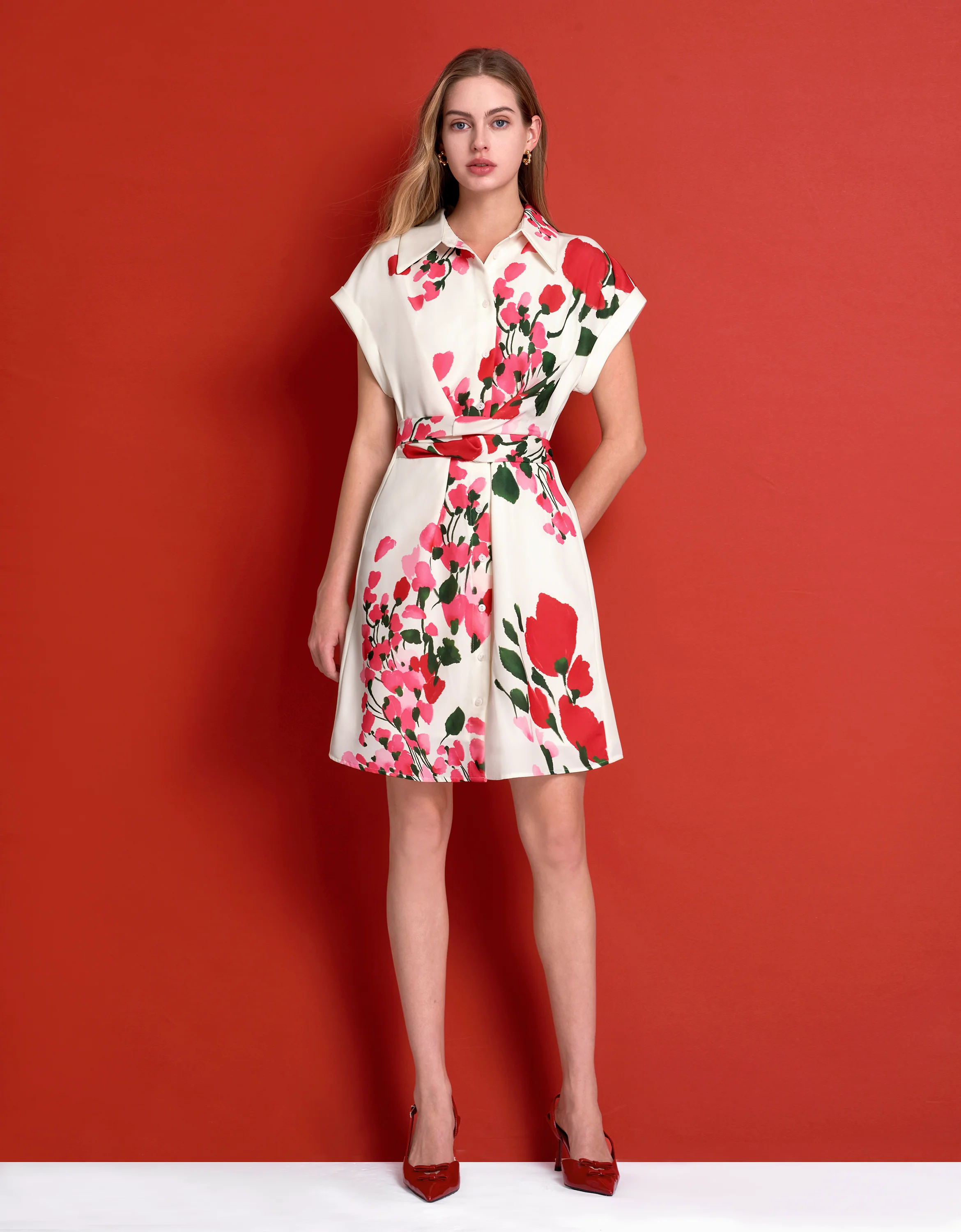 Waist Tie Floral Print Short Sleeve Dress - Image 3