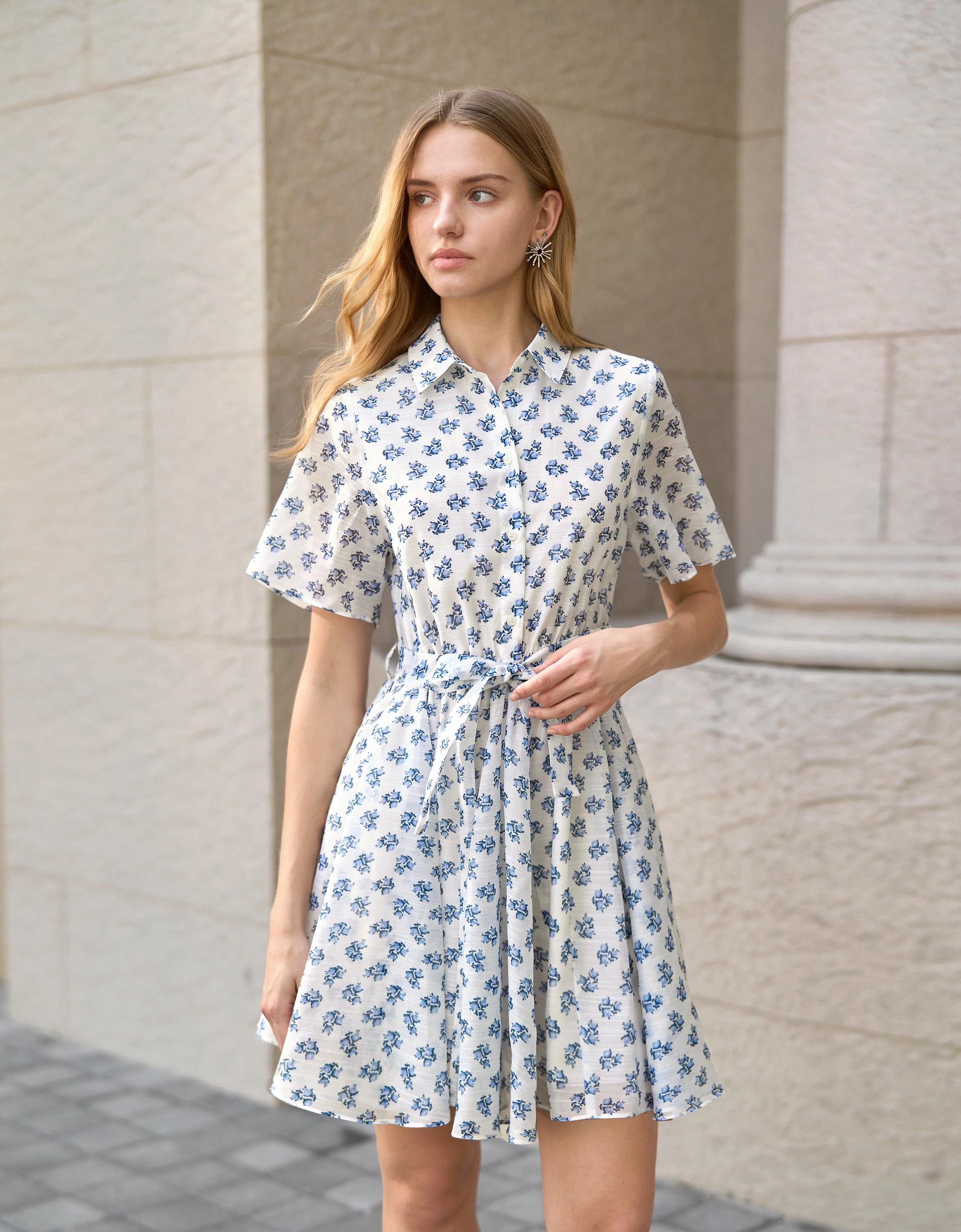 Waist Tie Floral Print Short Sleeve Shirt Dress
