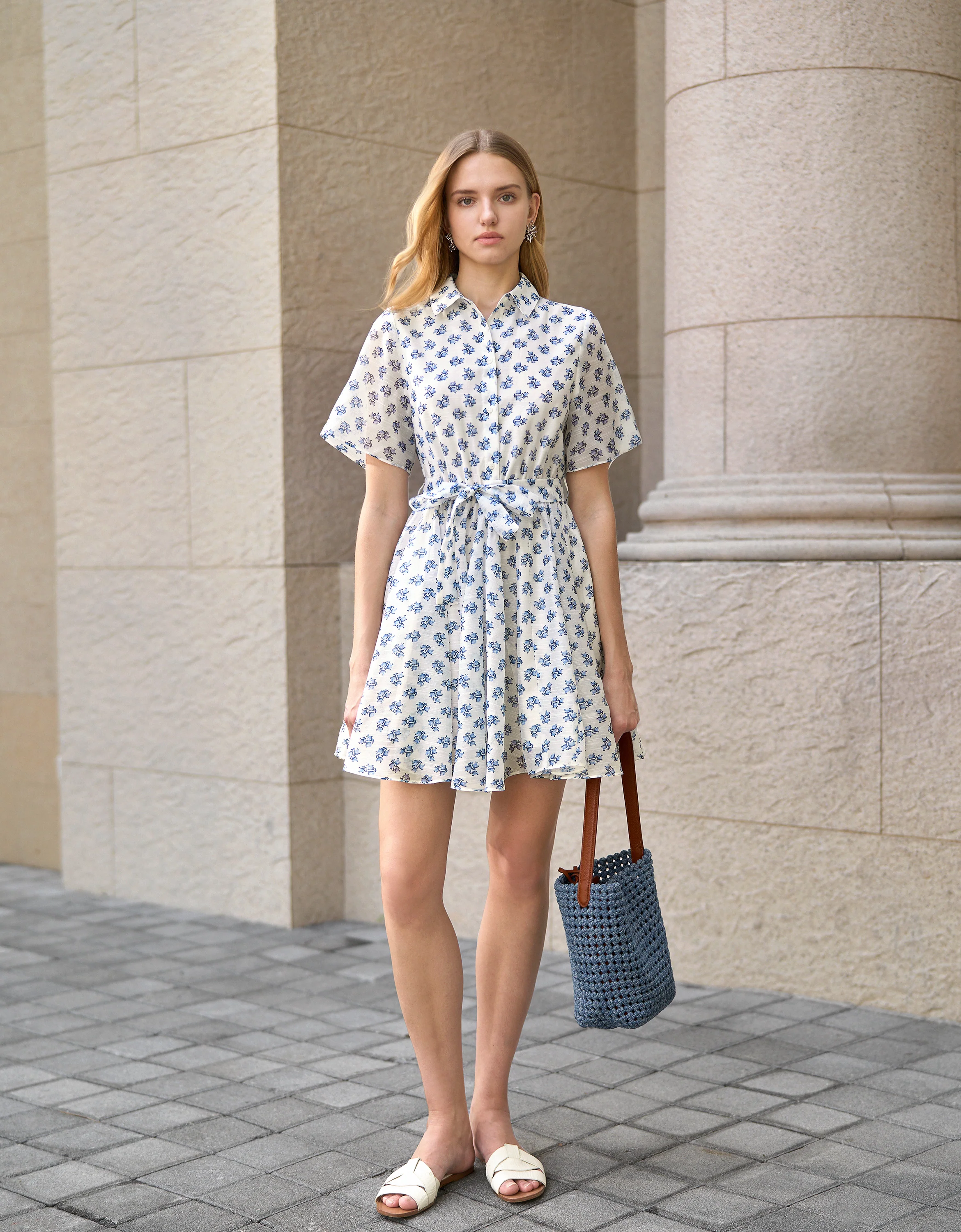 Waist Tie Floral Print Short Sleeve Shirt Dress - Image 2