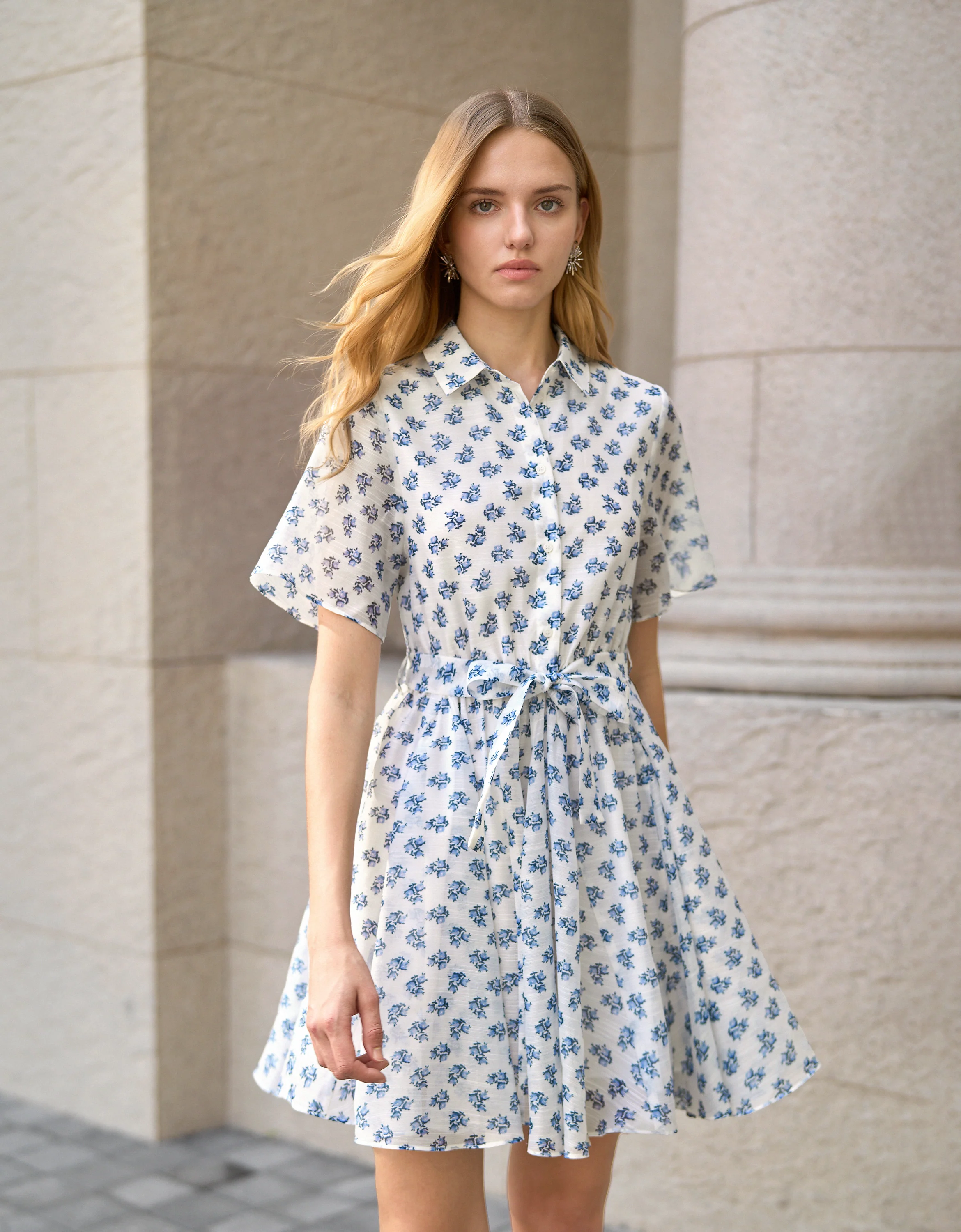 Waist Tie Floral Print Short Sleeve Shirt Dress - Image 3