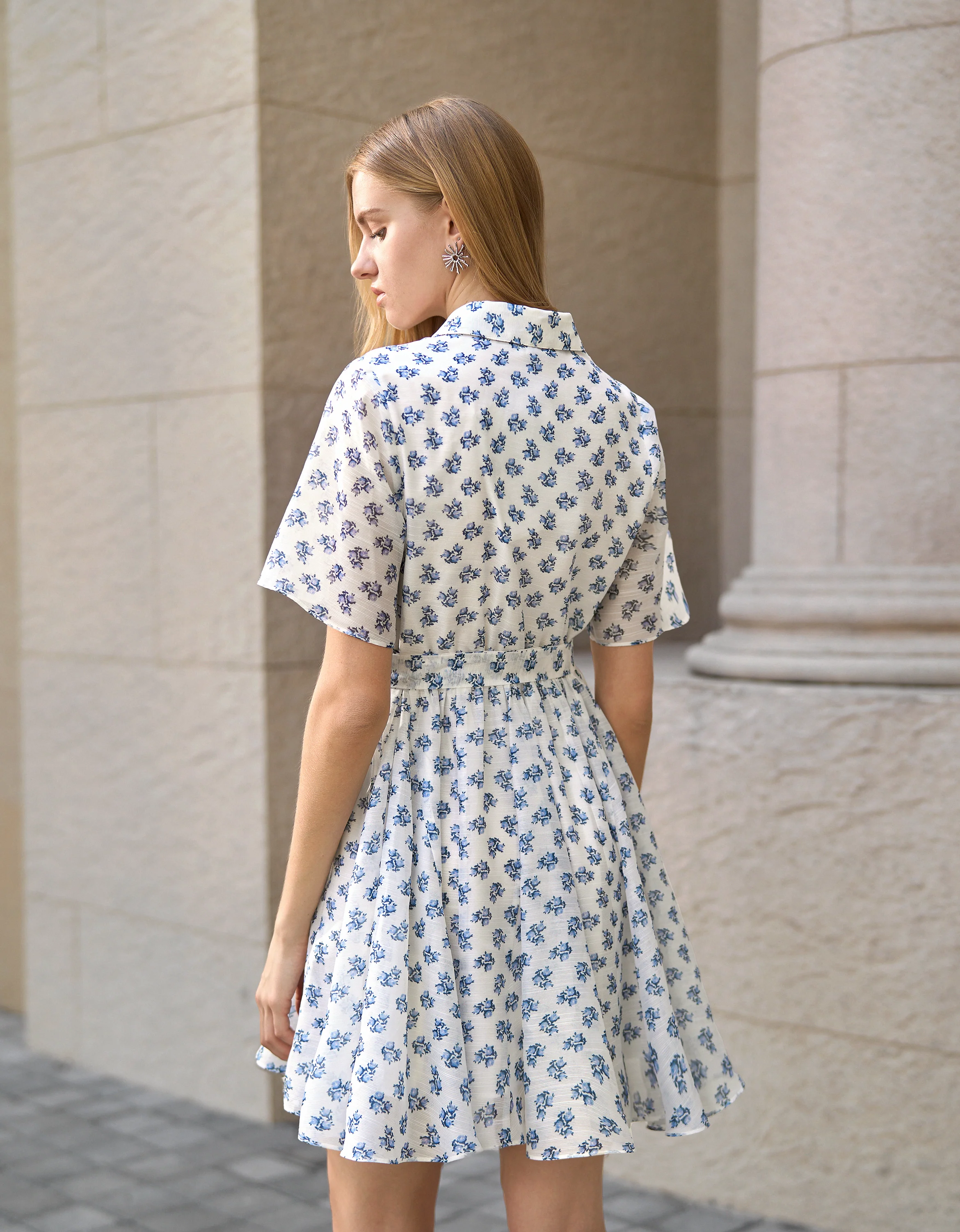 Waist Tie Floral Print Short Sleeve Shirt Dress - Image 4