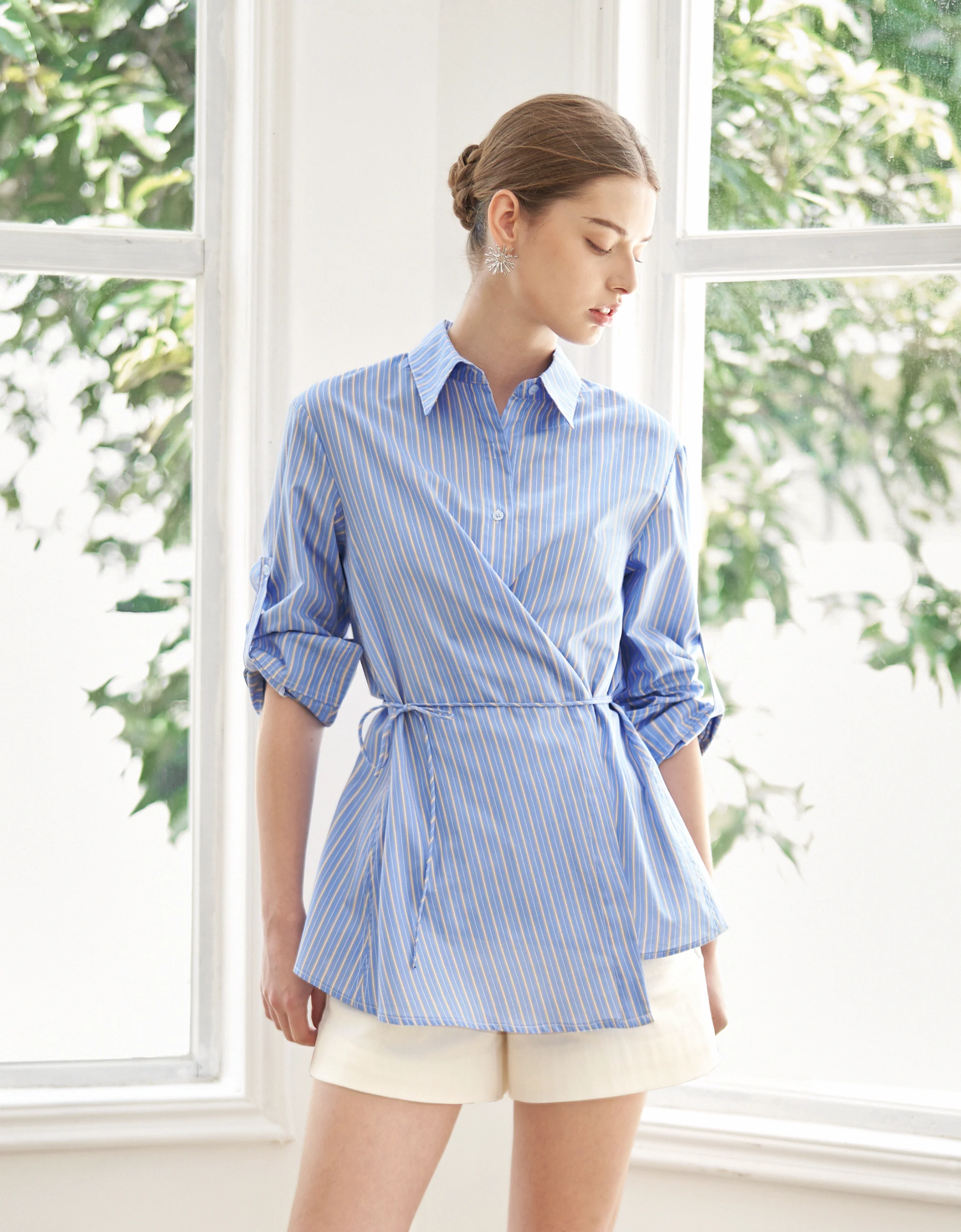 Waist Tie Long Sleeve Striped Shirt - Image 3