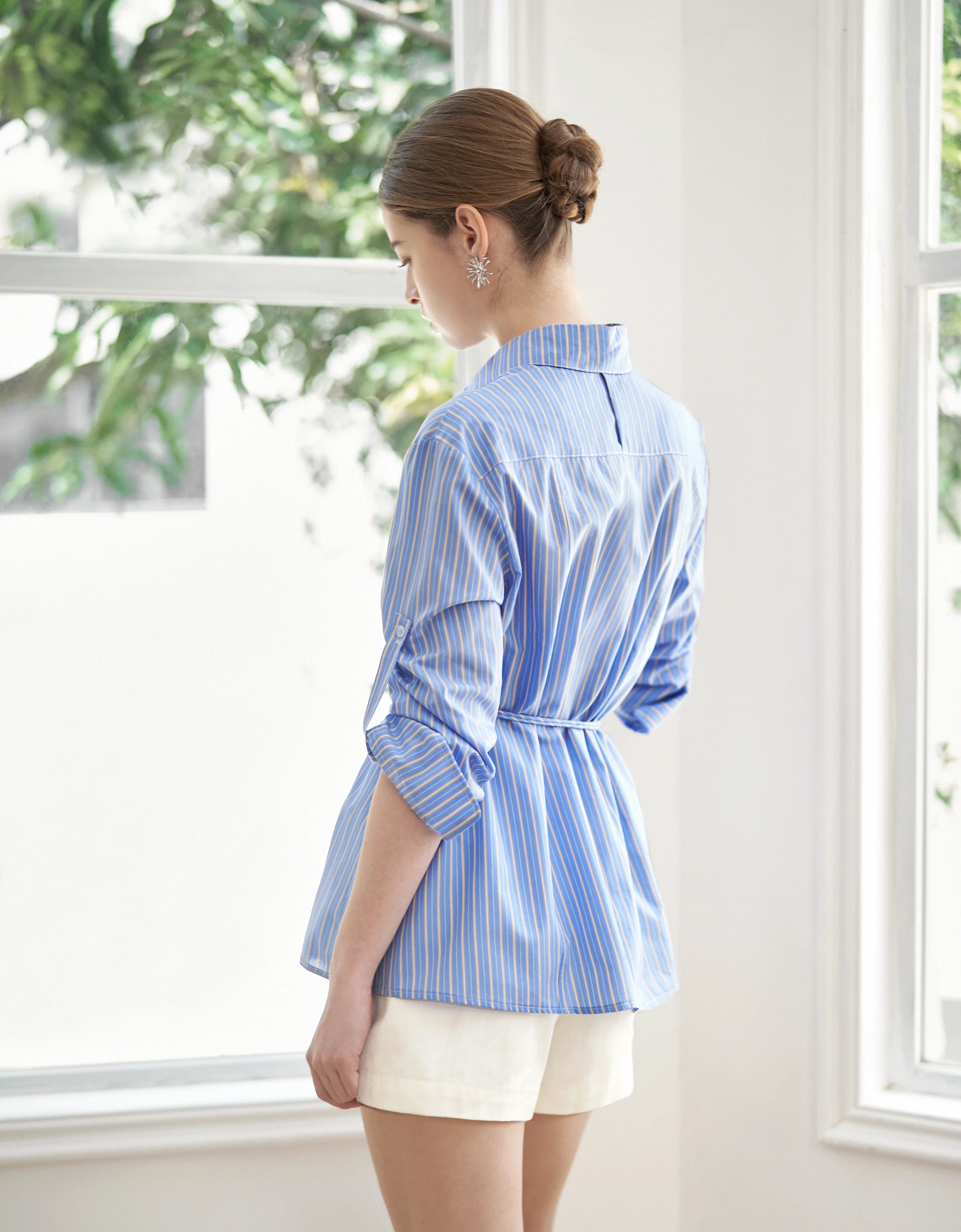 Waist Tie Long Sleeve Striped Shirt - Image 4