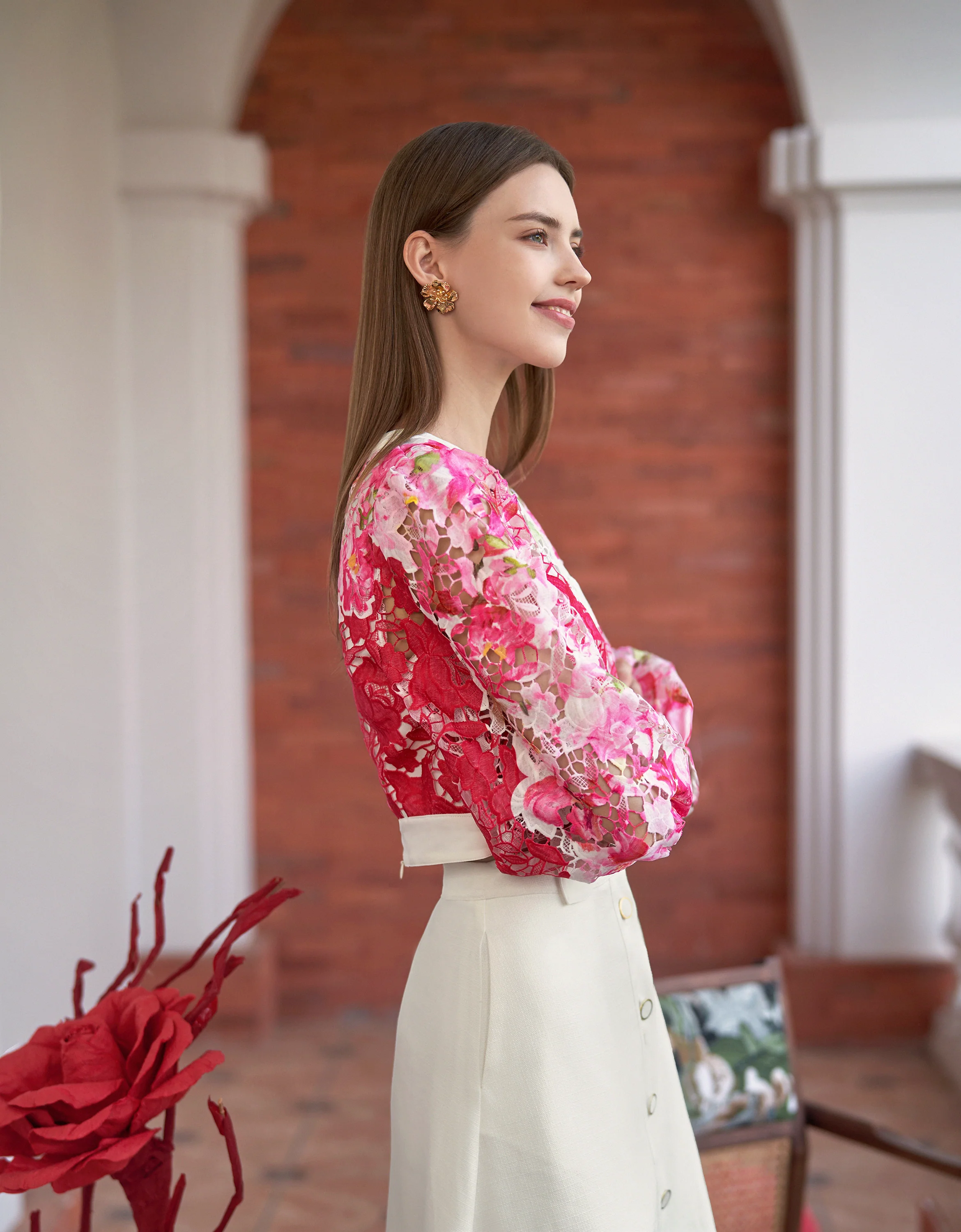 Waist Tie Printed Lace Top - Image 3