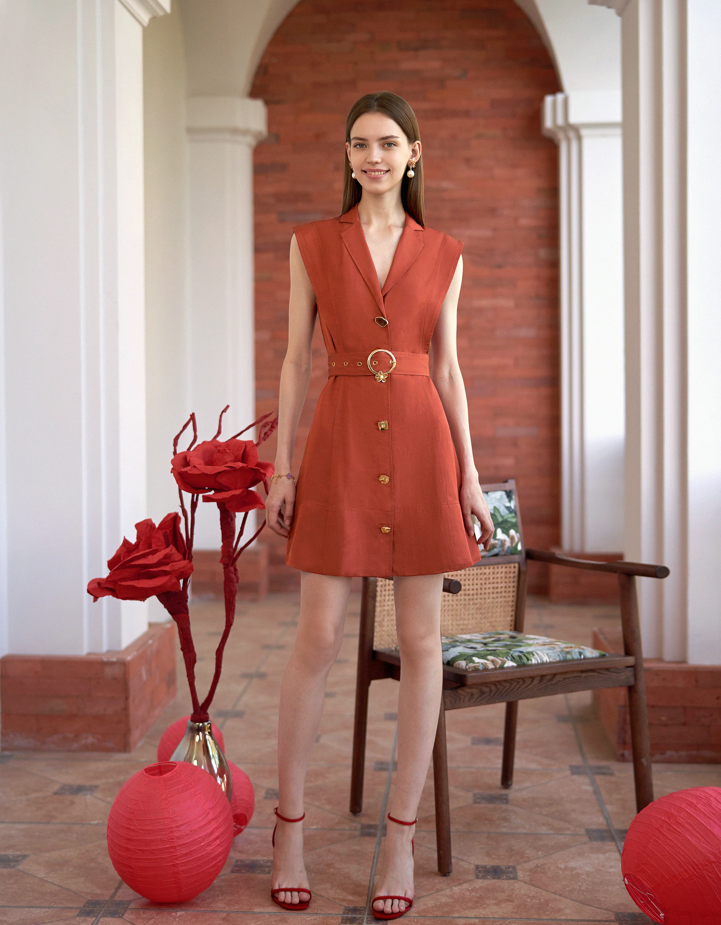 Wide Shoulder Button Front Short Dress - Image 2