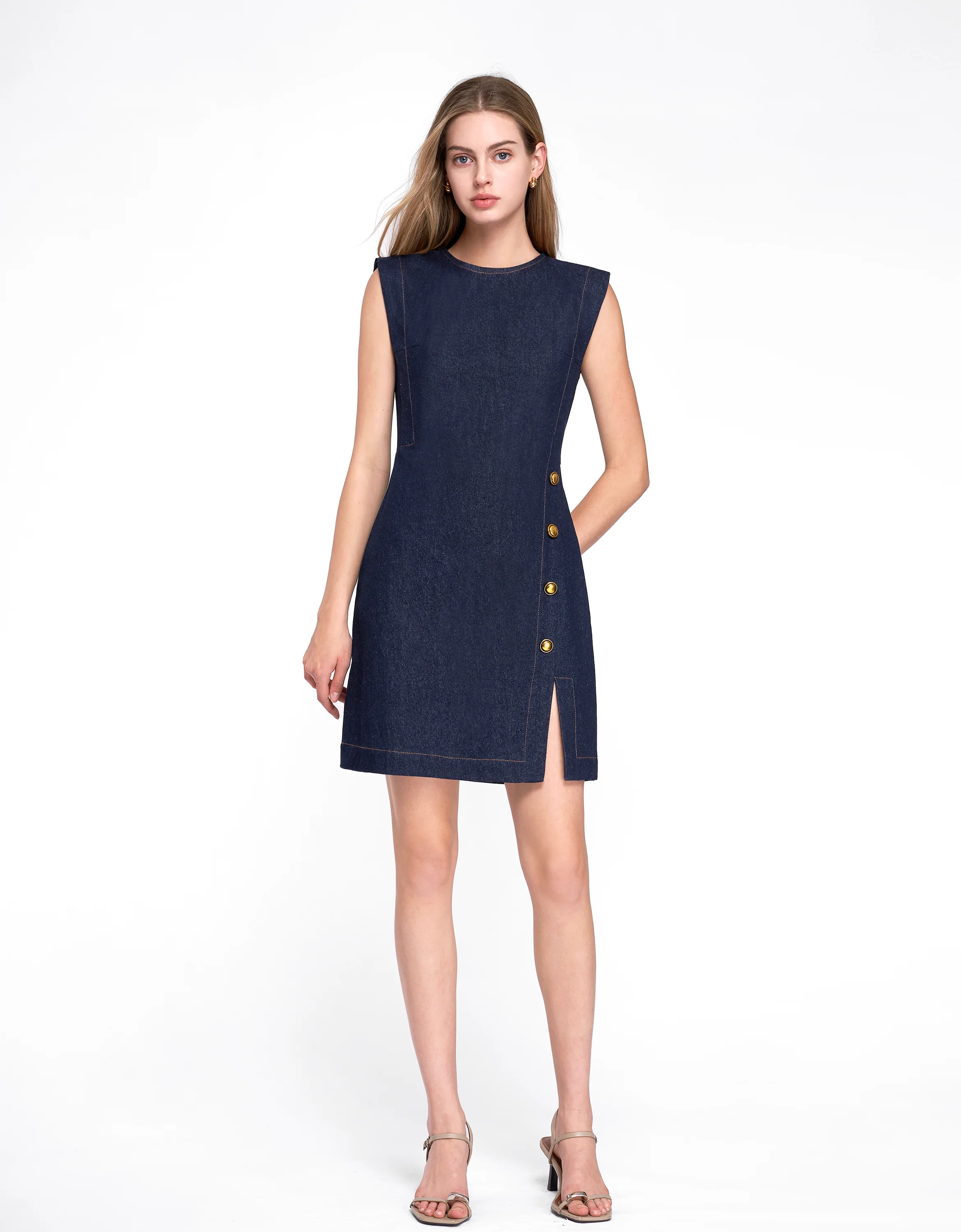 Wide Shoulder Hem Slit Denim Dress - Image 7
