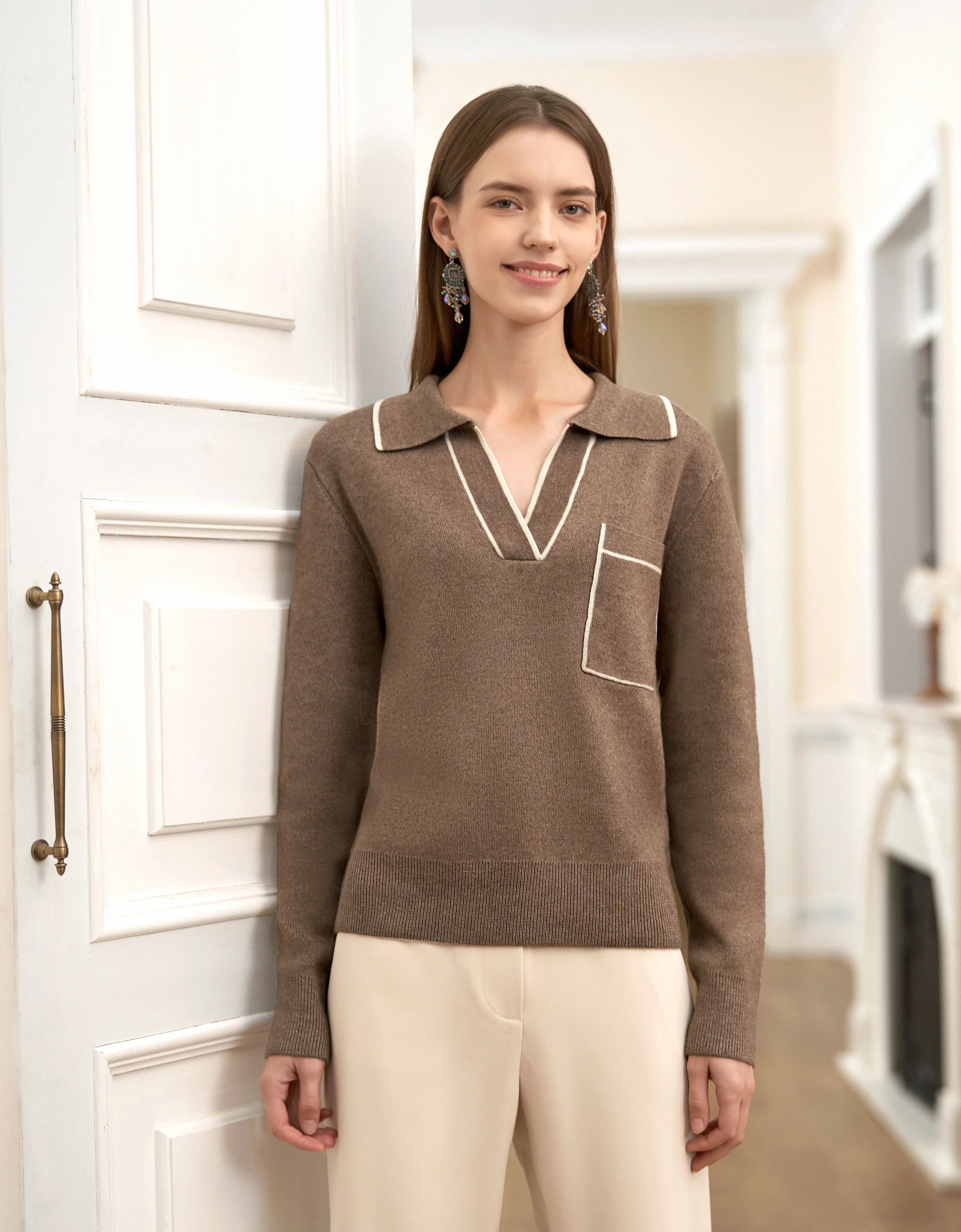 Wool-blend Contrast Trims Long Sleeve Knitted Top - Image 3