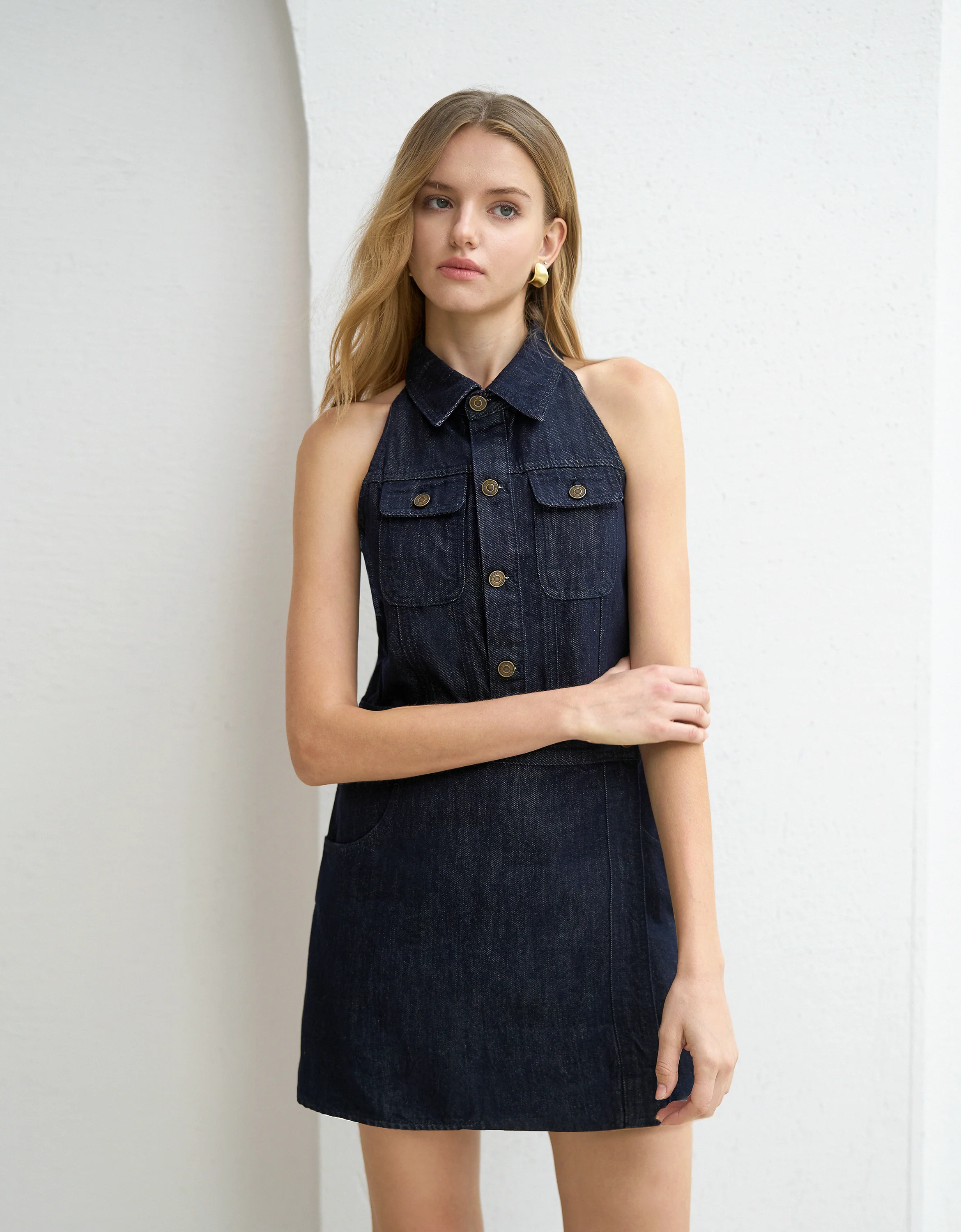 Wrap Skirt Halterneck Collared Denim Dress - Image 2