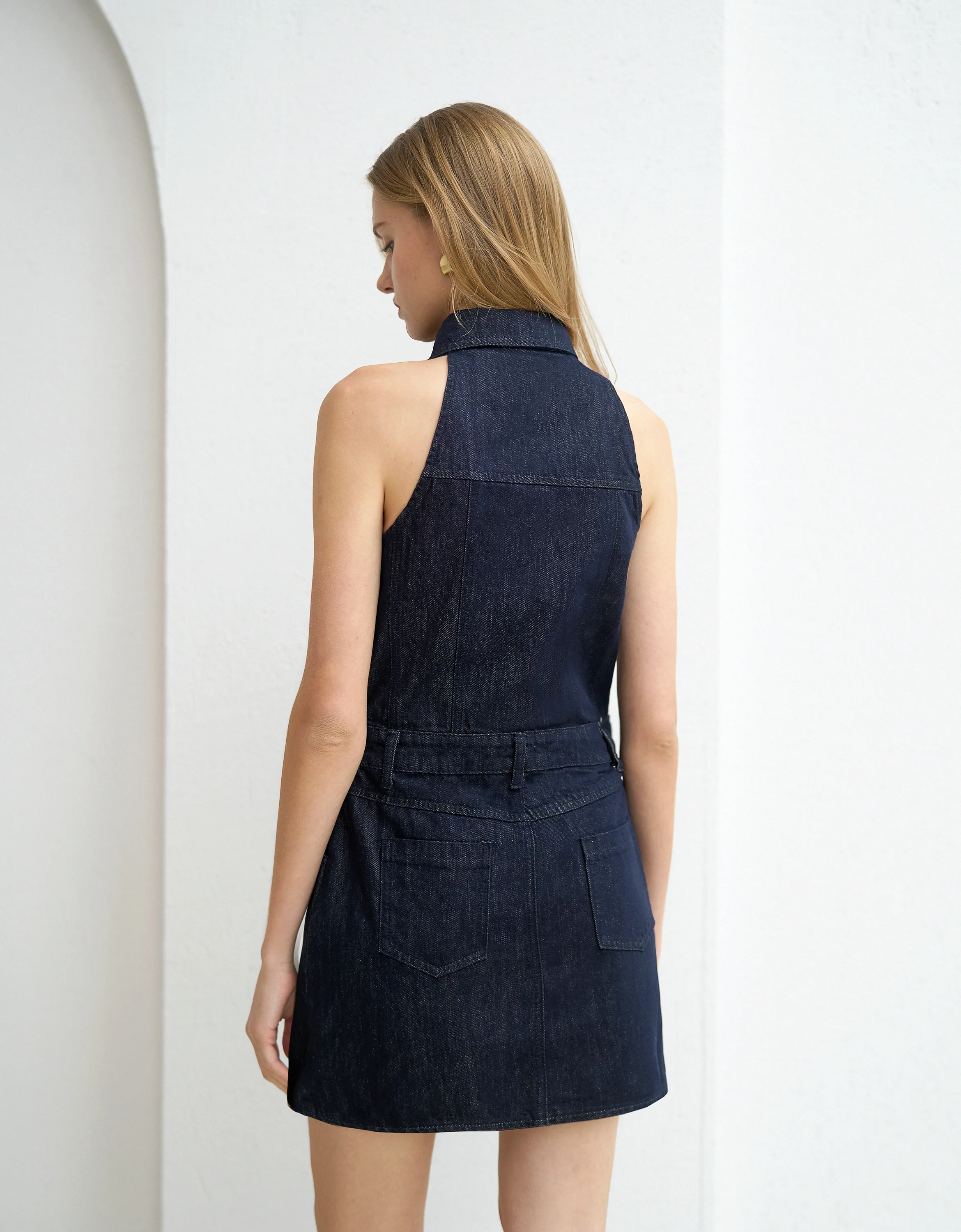 Wrap Skirt Halterneck Collared Denim Dress - Image 3