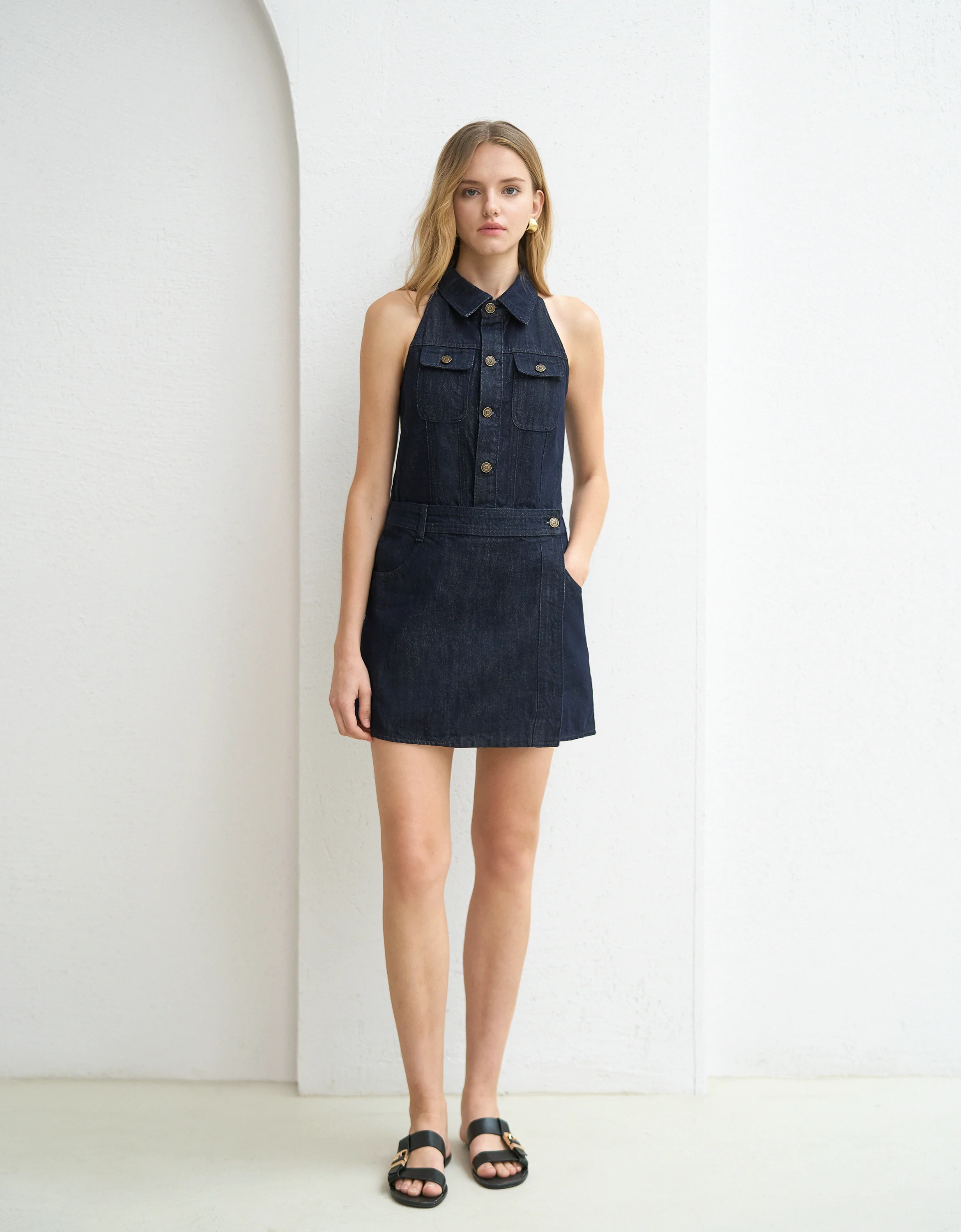 Wrap Skirt Halterneck Collared Denim Dress - Image 4
